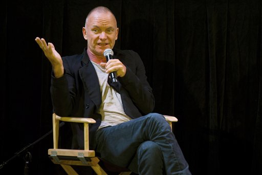 In this Monday, Nov. 14, 2011, photo, Sting addresses an audience as he attends the launch of his new "Appumentary" at an Apple Store in New York. (AP Photo/Charles Sykes)