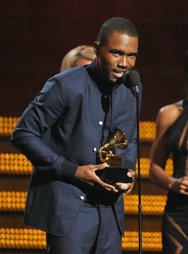 Frank Ocean accepts the best urban contemporary album award for "channel ORANGE" at the Grammys on Sunday. Earlier, he won best rap/sung collaboration for "No Church in the Wild" with fellow top nominees Jay-Z and Kanye West, and The-Dream.