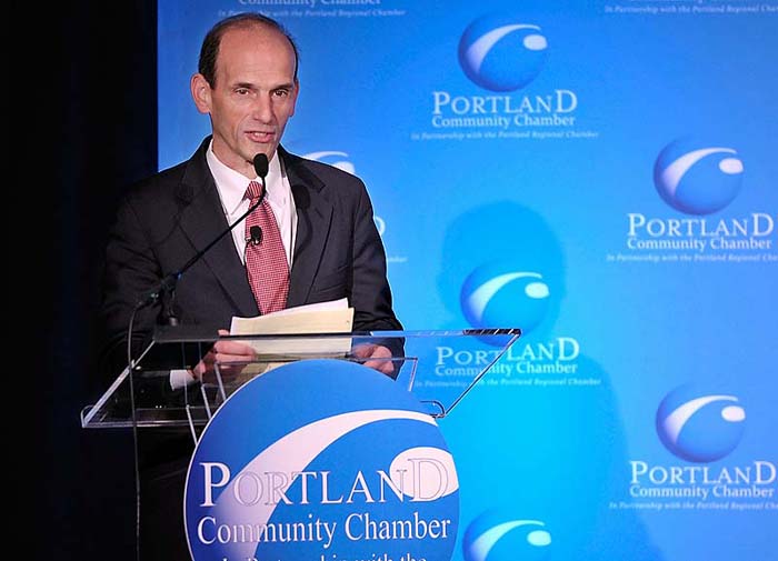 Former Gov. John Baldacci speaks at Portland Regional Chamber's Eggs and Issues meeting on Thursday morning. "We don't have the maturity or leadership today to recognize that we're going to have disagreements and we have to work together," he said.