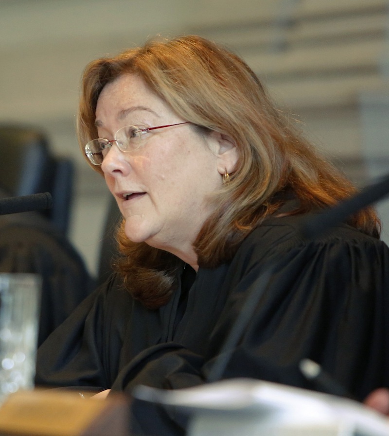 Leigh Saufley, Chief Justice of the Maine Supreme Judicial Court asks a question of attorney Daniel Lilley on Wednesday, February 13, 2013. The court heard arguments in the appeal by prosecutors on the dismissal of 46 invasion-of-privacy charges against Mark Strong, Sr. in the Kennebunk prostitution case.