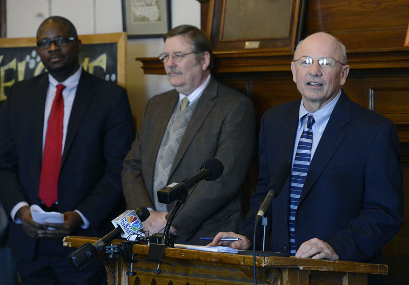 City of Portland Mayor Michael Brennan, right, stands with Portland Regional Chamber Acting CEO Chris Hall, middle, and Portland Public Schools Superintendent Emmanuel Caulk during a press conference where he announced the creation of Portland ConnectED, a community initiative designed to create pathways to success for Portland children Monday, Feb. 25, 2013.