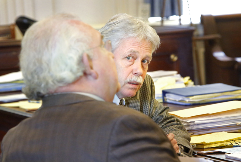 Mark Strong Sr. talks with his attorney, Dan Lilley, in York County Superior Court on Tuesday.