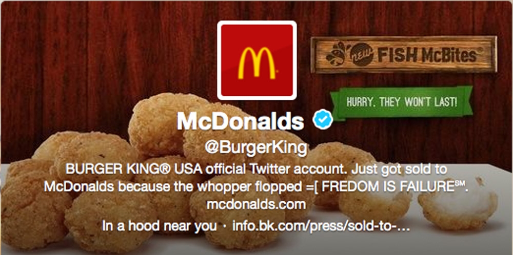 The Associated Press This frame grab taken Monday shows what appears to be Burger King’s Twitter account after it was hacked. Starting just after noon, the company’s Twitter picture was changed to a McDonald’s logo, and the account tweeted that it had been sold to rival McDonald’s.