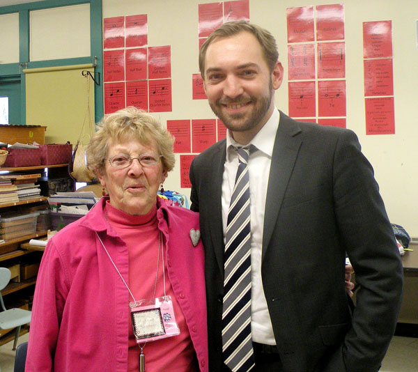 Madame Suzanne Fournier-LeBelle Hedrick, assistant with the Maine French Language Heritage Program, appears with Benoit Le Devedec, a guest from the French Heritage Language Program in New York, in this Feb. 13, 2013, photo.
