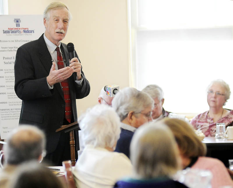 US Senator Angus King I-Maine addresses senior citizens at Senior Spectrum Wednesday in Hallowell. King told the crowd that he won't support privatizing Social Security or instituting a voucher program for Medicare.