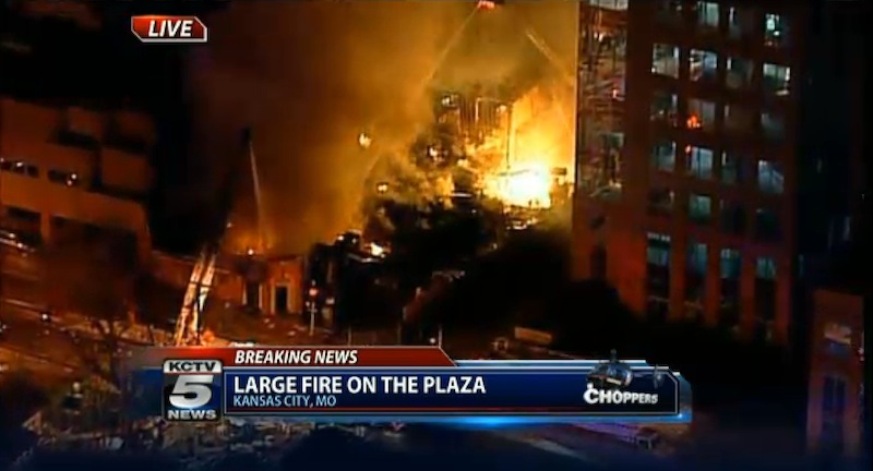 In this image taken from video from KCTV, firefighters battle a massive fire at Country Club Plaza in Kansas City, Mo. Tuesday, Feb. 19, 2013. (AP Photo/KCTV)