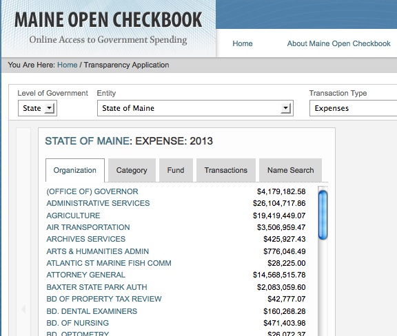 A screen shot from the Maine Open Checkbook website, opencheckbook.maine.gov.