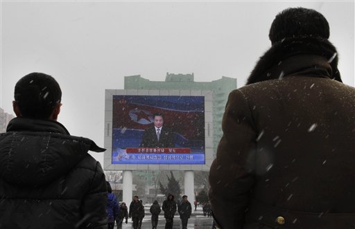 On a large television screen in front of Pyongyang's railway station, a North Korean state television broadcaster announces the news that North Korea conducted a nuclear test on Tuesday.