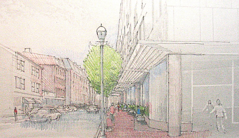 This artist rendering depicts a pedestrian view on Fore Street of the Hyatt Place Portland hotel, a coming seven-story hotel at Fore and Union streets.