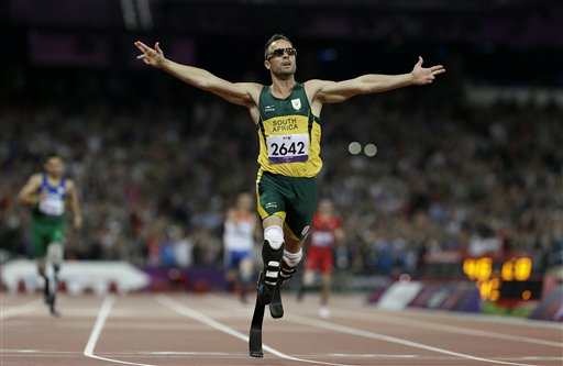 In this Saturday, Sept. 8, 2012. photo, Oscar Pistorius wins gold in the men's 400-meter T44 final at the 2012 Paralympics, in London.