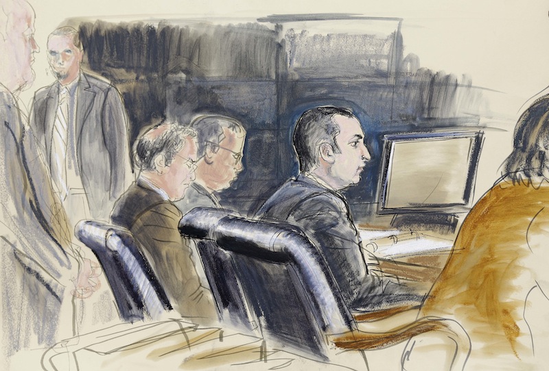 In this courtroom sketch, Gilberto Valle is seen in federal court in New York, Monday, Feb 25, 2013. The wife of Valle, a New York City police officer, will testify at a federal trial to explain how she discovered that he was discussing kidnapping, killing and eating women. (AP Photo/Elizabeth Williams)