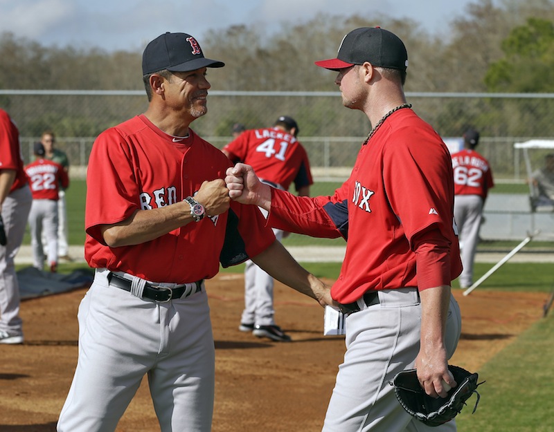 Boston Red Sox pitcher Jon Lester, right, gets a fist bump from pitching coach Juan Nieves after throwing a bullpen session at spring training Wednesday, Feb. 13, 2013, in Fort Myers, Fla. (AP Photo/Chris O'Meara)