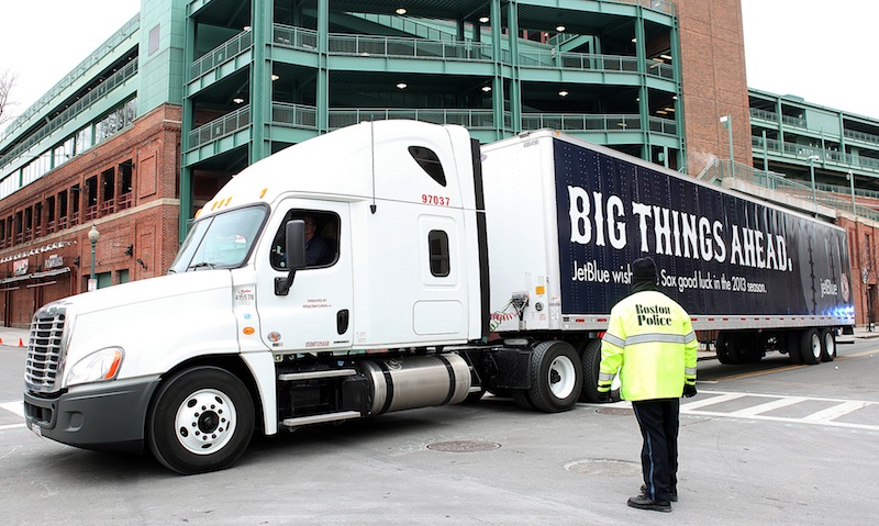 The truck full of Boston Red Sox baseball gear departs Fenway Park in Boston for spring training in Florida on last Tuesday.