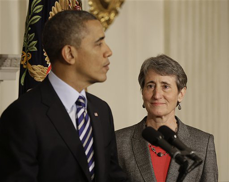 President Obama announces he is nominating Sally Jewell, right, as the next secretary of the interior.