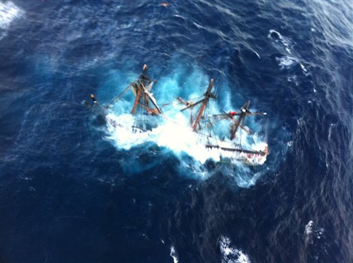 This undated file photo provided by the U.S. Coast Guard shows the HMS Bounty, a 180-foot sailboat, submerged in the Atlantic Ocean during Hurricane Sandy approximately 90 miles southeast of Hatteras, N.C., Monday, Oct. 29, 2012. Officials from the Coast Guard and NTSB are holding eight days of hearings on the sinking. (AP Photo/U.S. Coast Guard, Petty Officer 2nd Class Tim Kuklewski)