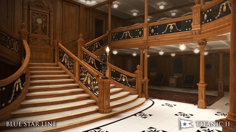 In this rendering provided by Blue Star Line, the grand staircase on the Titanic II is shown. The replica ship, which Australian billionaire Clive Palmer is planning to build in China, is scheduled to sail in 2016. Palmer said his ambitious plans to launch a copy of the Titanic and sail her across the Atlantic would be a tribute to those who built and backed the original. (AP Photo/Blue Star Line)