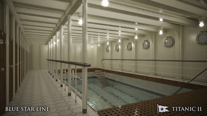 In this rendering provided by Blue Star Line, the swimming pool on the Titanic II is shown. The ship, which Australian billionaire Clive Palmer is planning to build in China, is scheduled to sail in 2016. The ship, which Australian billionaire Clive Palmer is planning to build in China, is scheduled to sail in 2016. Palmer said his ambitious plans to launch a copy of the Titanic and sail her across the Atlantic would be a tribute to those who built and backed the original. (AP Photo/Blue Star Line)