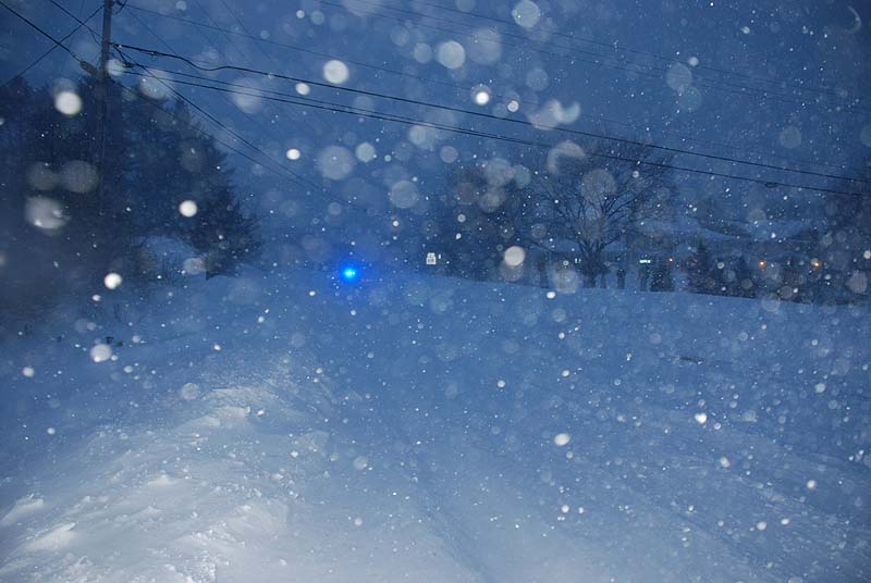 Near white-out conditions around 6:30 a.m. in Gorham on Route 114 on Saturday.