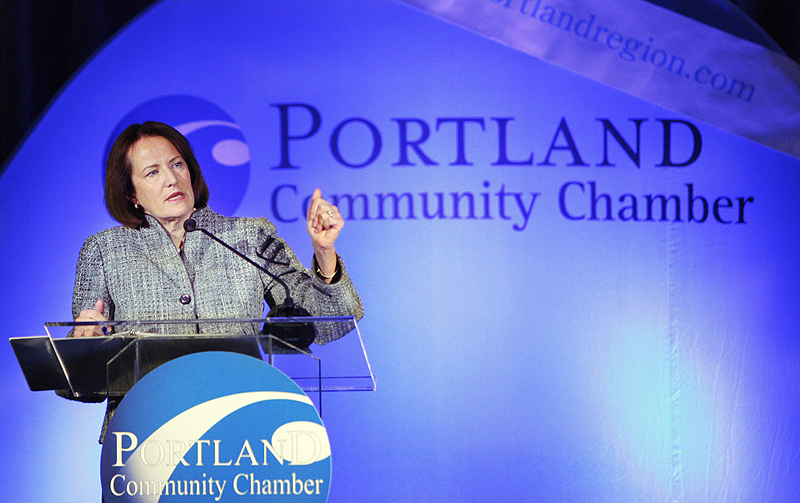Karen Mills, administrator of the Small Business Association, speaks at Eggs & Issues in Portland in January 2012.
