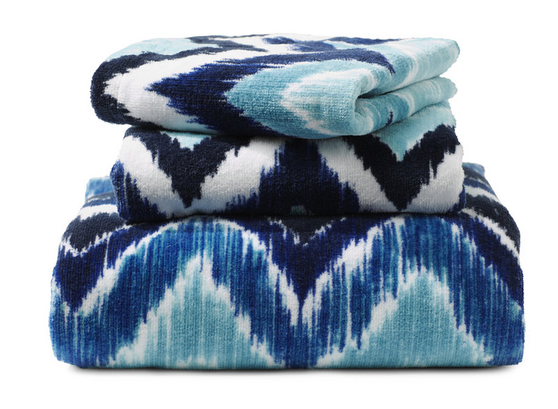 Towels from HomeGoods in various shades of blue.