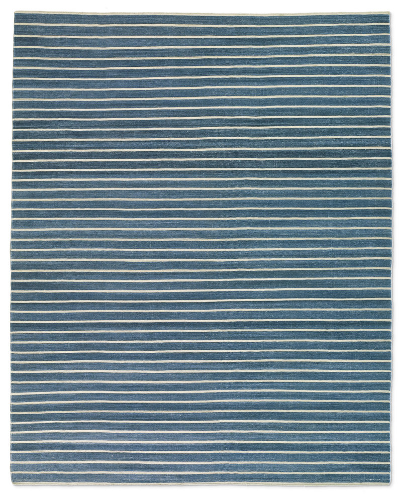 Ben Soleimani’s flatweave pinstripe blue and ivory rug for Restoration Hardware.