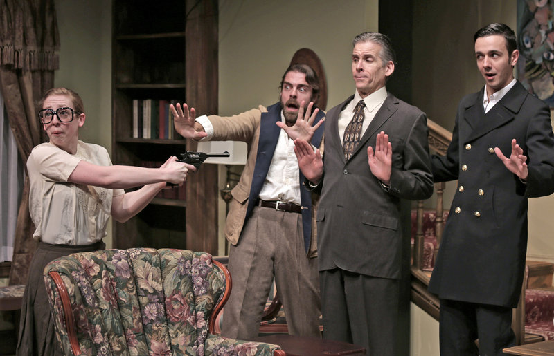 Kat Moraros, Matthew Delamater, Paul Haley and Benjamin Row in a scene from Good Theater’s production of “Death by Design,” a comedy with murder, by Rob Urbinati, directed by Brian P. Allen, continuing through Feb. 24 at the St. Lawrence Arts Center in Portland.