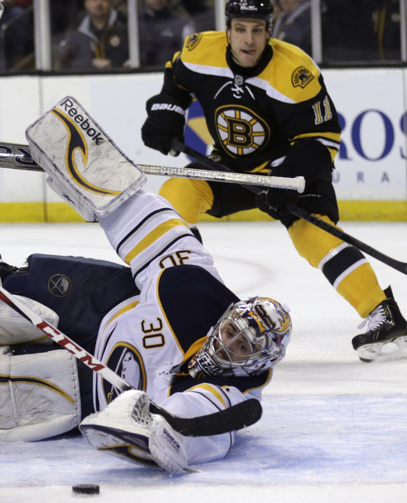 Sabres goaltender Ryan Miller stretches to make a save while Boston center Gregory Campbell hovers behind during second-period action of Thursday’s NHL game in Boston, won by Buffalo.