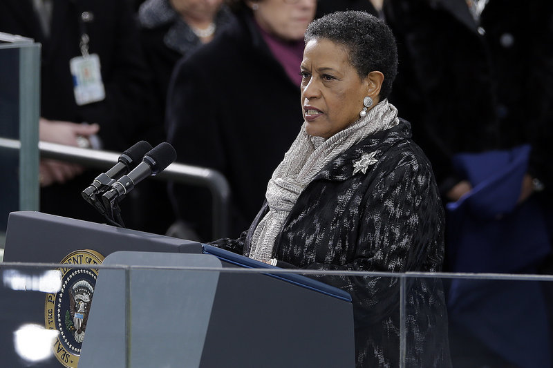 Myrlie Evers-Williams delivers the invocation at the ceremonial swearing-in for President Obama during the 57th Presidential Inauguration in Washington on Jan. 21.