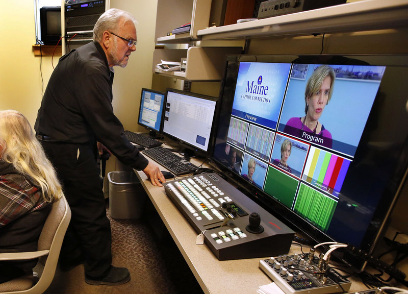 Eric Bunford, an editor and director for Maine Capitol Connection, tests the system that will be used to broadcast live legislative sessions at the State House.