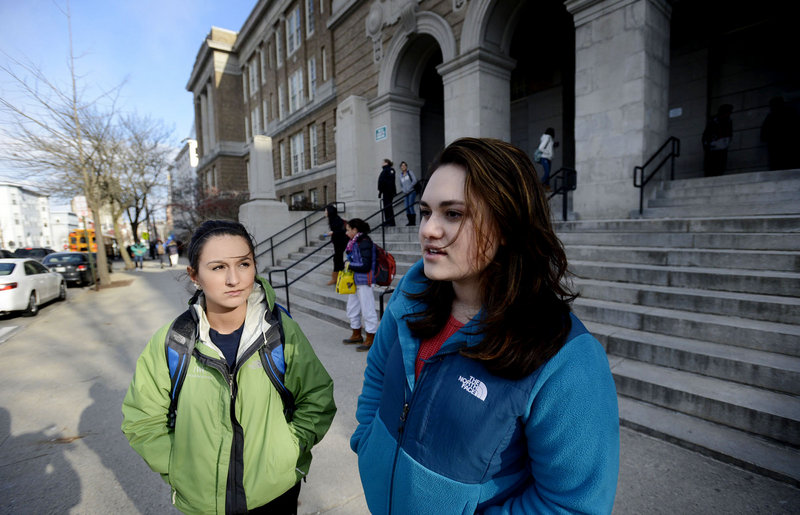 Ajna Hasanovic, 17, left, and Ava Zwolinski, 16, both juniors at Portland High School, discuss proposed changes to the school calendar. Zwolinski would like to see the school day start later. Hasanovic said a longer day would eat into time for sports.