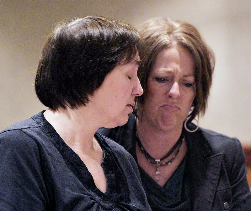 On Tuesday, Feb. 05, 2013, Patricia Gerber, left, mother of Renee Sandora, murder victim, breaks down as she speaks before Joel Hayden was sentenced to two concurrent life sentences for killing the mother of his four children, Renee Sandora and his best friend, Trevor Mills.