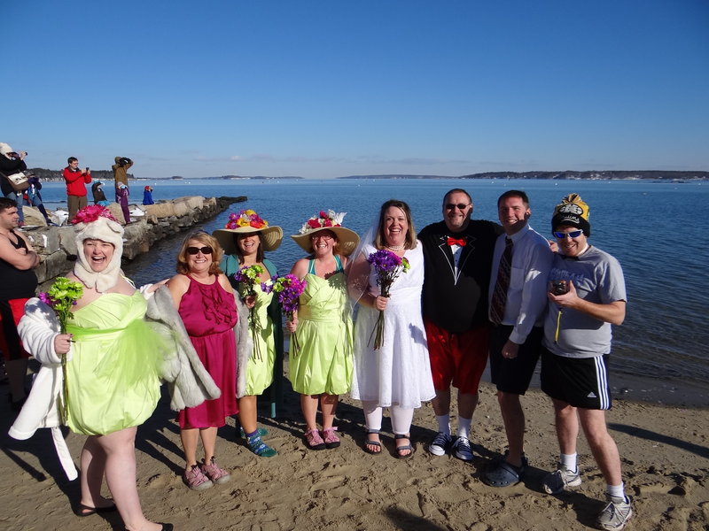 Beth Dimond, fourth from right, public affairs coordinator for Natural Resources Council of Maine, convinced fiance Chris Comeau and friends Janine Palmer, Christine Huot, Francesca DeSanctis, Jessica Creedon, Kim Cowperthwaite and Jason Lanoie to join her for NRCM’s 2012 polar dip.