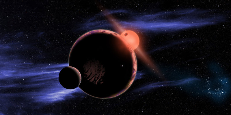 This rendering shows a planet with two moons orbiting in the habitable zone of a red dwarf star.