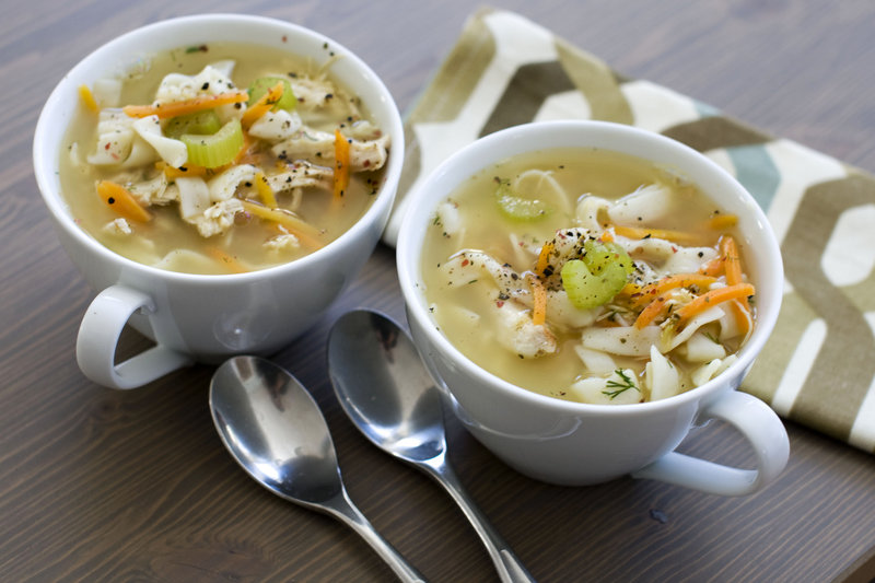 Chicken and shirataki noodle soup has about the same consistency as traditional chicken noodle soup while subtracting carbohydrates and calories.