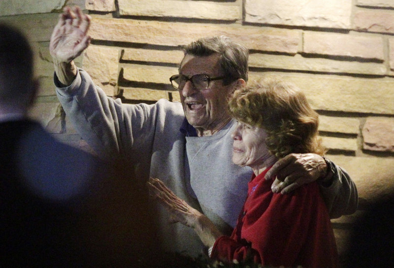 Joe Paterno and his wife, Sue, thank supporters outside their home in State College, Pa., on Nov. 9, 2011. He was fired as Penn State’s coach in a late-night phone call that month, after his assistant was arrested on sex-abuse charges, and died in January 2012 at age 85.