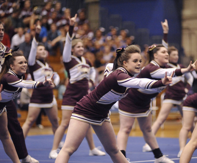 Thornton Academy’s cheering squad performs a routine in the Class A section of the state competition.