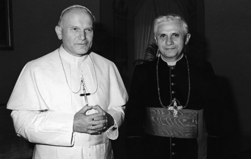 Pope John Paul II, left, is shown with then-Cardinal Joseph Ratzinger of Munich, who would go on to be elected to succeed John Paul II on April 19, 2005, as Benedict XVI.