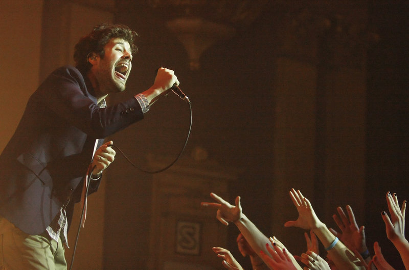 Passion Pit lead singer Michael Angelakos performs at the State Theater in Portland Tuesday, Feb. 12, 2013.