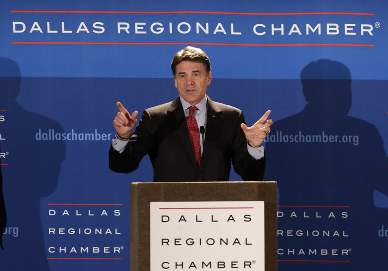 Texas Gov. Rick Perry, shown speaking to business leaders in Dallas last month, ended a recruiting trip to California on Wednesday without announcing any firm commitments from businesses wanting to relocate.