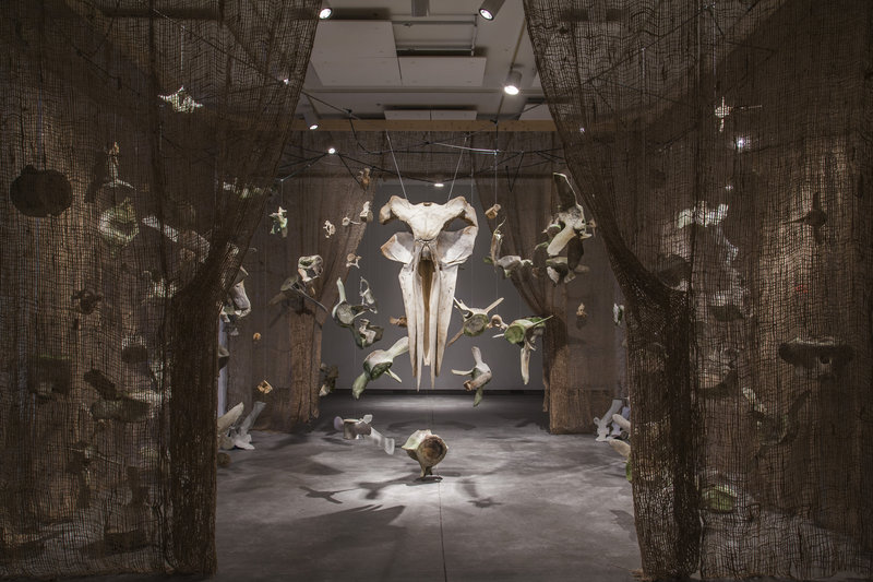 Installation view of “Dan DenDanto and Frank DenDanto: BUMP,” on view through April 7 at the Institute of Contemporary Art at Maine College of Art in Portland. The show consists of bones from three different whales that most likely died from collisions with ship propellers.
