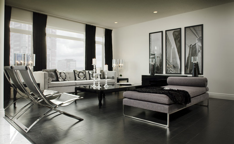Bonded leather flooring adds a rich look to this contemporary living room.