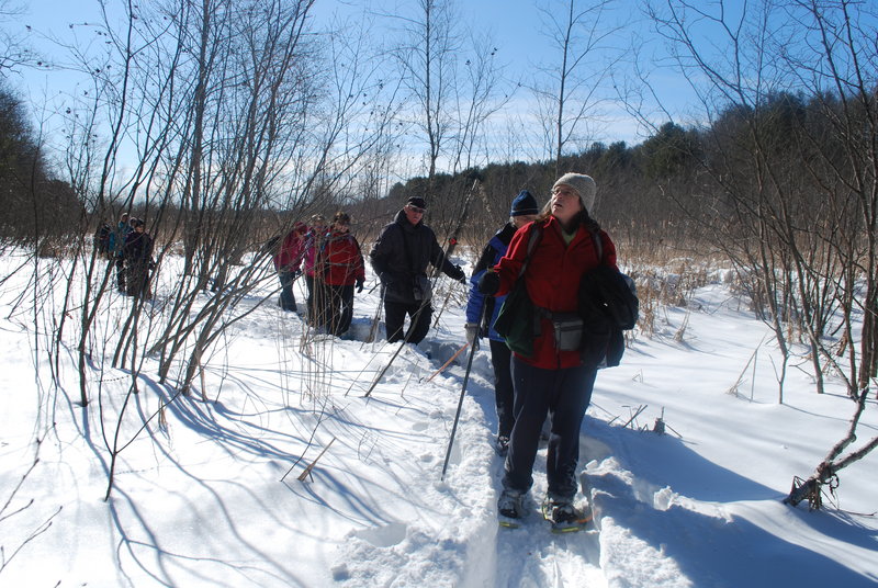 Historian Brenda Cummings leads a hike on the Peterson Canal’s frozen 2.5-mile route to connect the New Meadows River with Merrymeeting Bay, a project that made sense on paper back in the 18th century, but not so much on shallow tidal water.