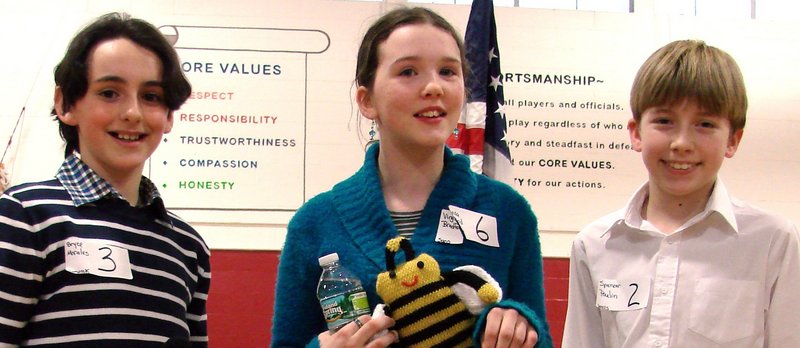 Sixth-graders, from left, Bryce Morales of Berwick Academy, Virginia Bradford of Saco Middle School and Spencer Poulin of Wells Junior High School won first, second and third place, respectively, in the recent York County Spelling Bee.
