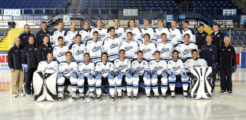 Kyle Solomon, the second row, first player from left, in a photo of the 2008 UMaine hockey team.