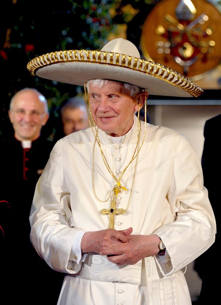 Pope Benedict XVI wears a Mexican sombrero in Leon, Mexico, in March 2012. Turin’s La Stampa newspaper reported this week that Benedict hit his head and bled during the trip. No mention was made of the incident at the time. The pope, 85, is reported to have decided to resign shortly after the trip, which he found exhausting.