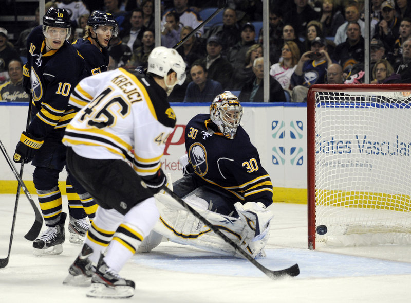 Boston’s David Krejci can’t take advantage of an open net as his shot clangs off the post while Buffalo goaltender Ryan Miller looks behind and hopes for the better.