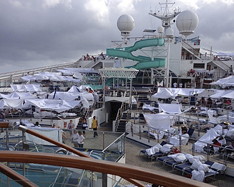 A photo provided by a passenger shows makeshift tents on the deck of the Carnival Triumph cruise ship at sea in the Gulf of Mexico.