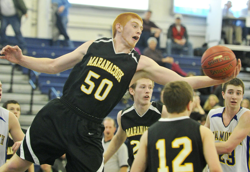 Kyle Boucher was a force for Maranacook in the middle but got little room against Falmouth.