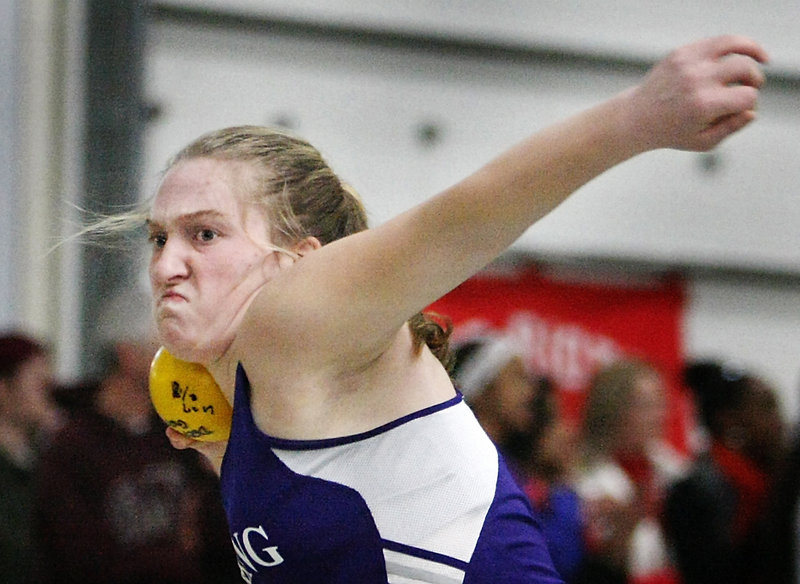 Alexis Elowitch of Deering unleashes a throw in the shot put at the Class A state meet at the University of Southern Maine. Her best throw was 35 feet. 4 inches, which was good enough for first place.