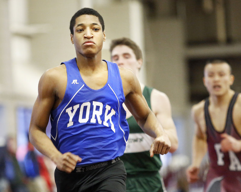 Josh Brooks of York sets a strong pace en route to winning the Class B 400 meters with a time of 51.52.
